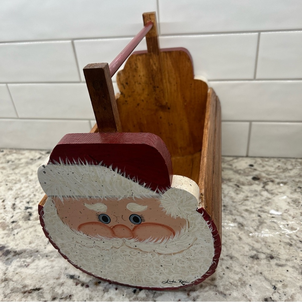 Hand Painted Santa Face Christmas Wood Crate Basket Carrier Handmade Vtg Signed